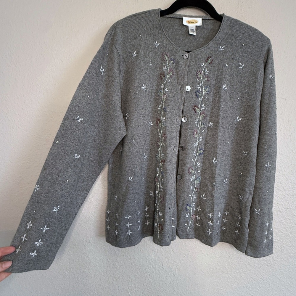 Vintage Cottage Coquette Silk Wool Blend Embroidered Cardigan Grey Size Large